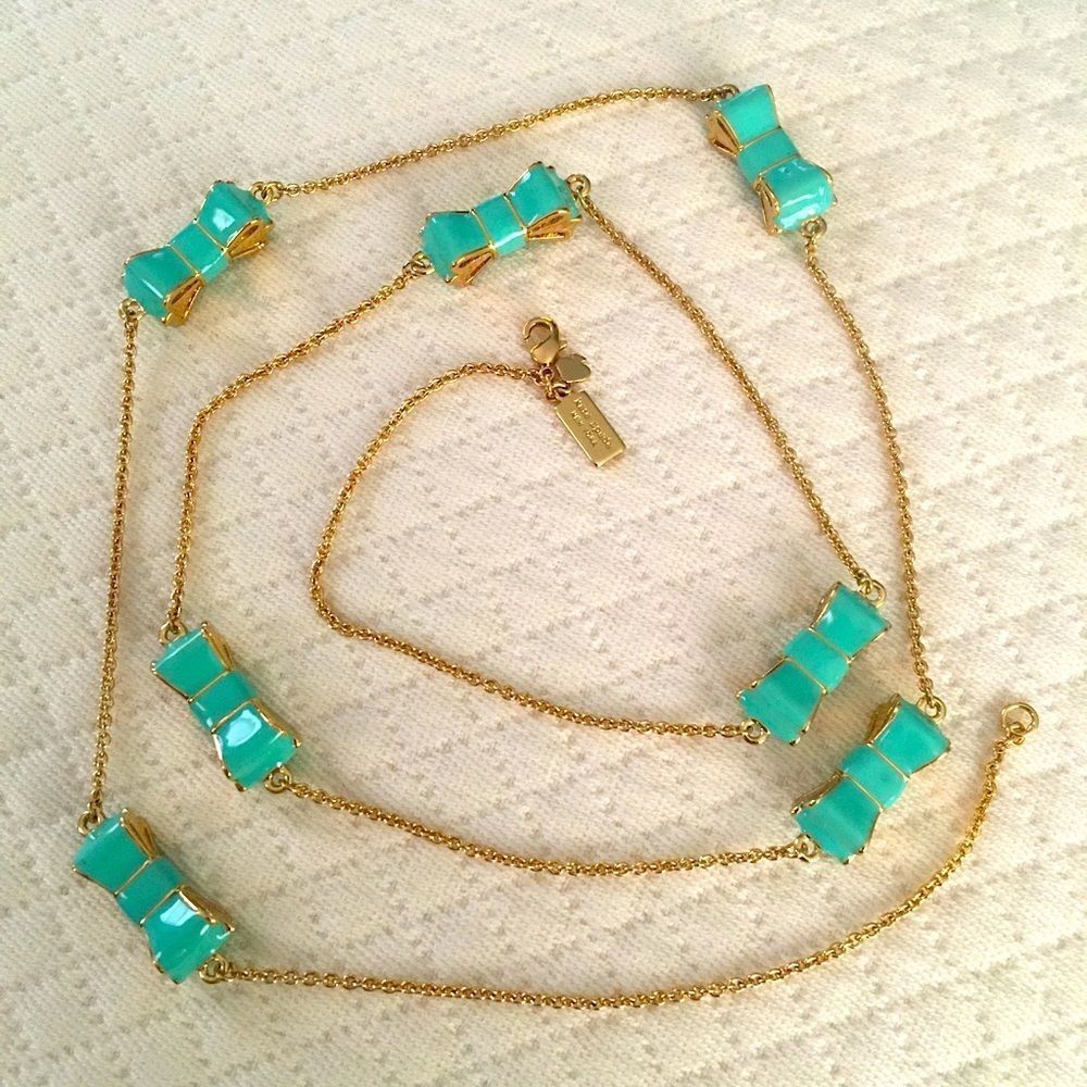 KATE SPADE Gold and Mint Green Long Bow Necklace